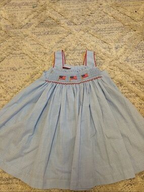 Light Blue Gingham Girls Sundress with Flag Smocking